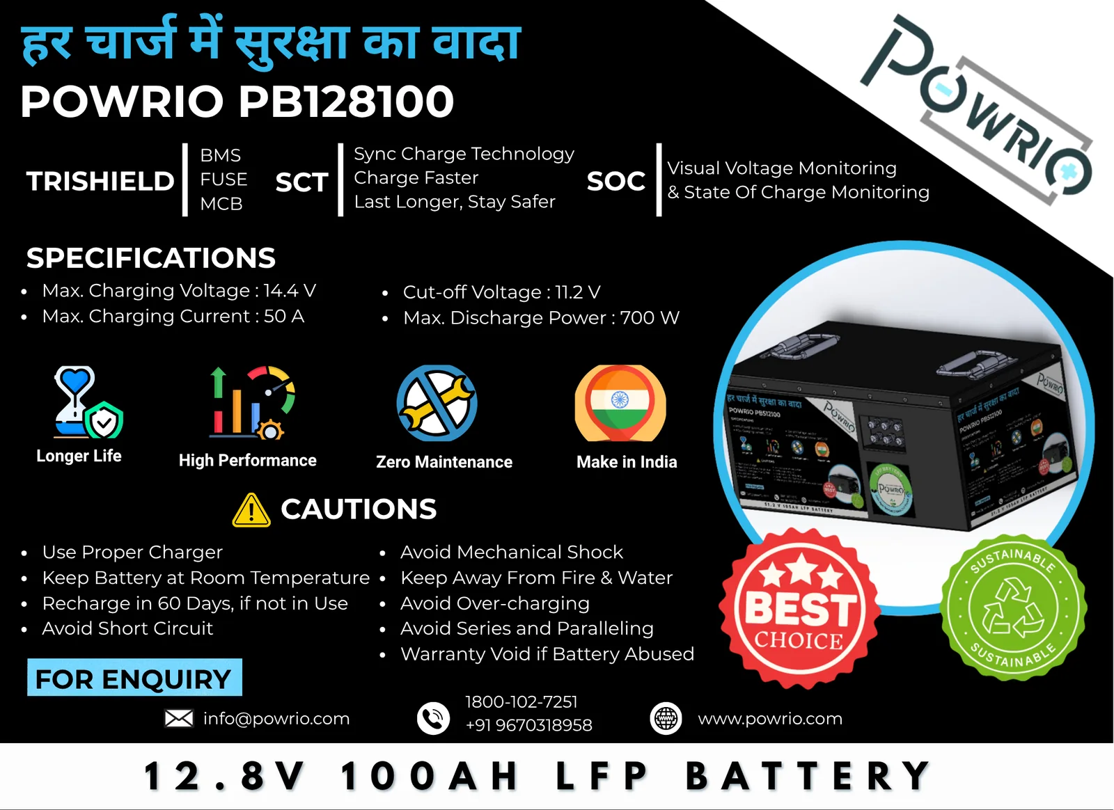 Official PB128100 battery label with specifications, features, cautions and contact details