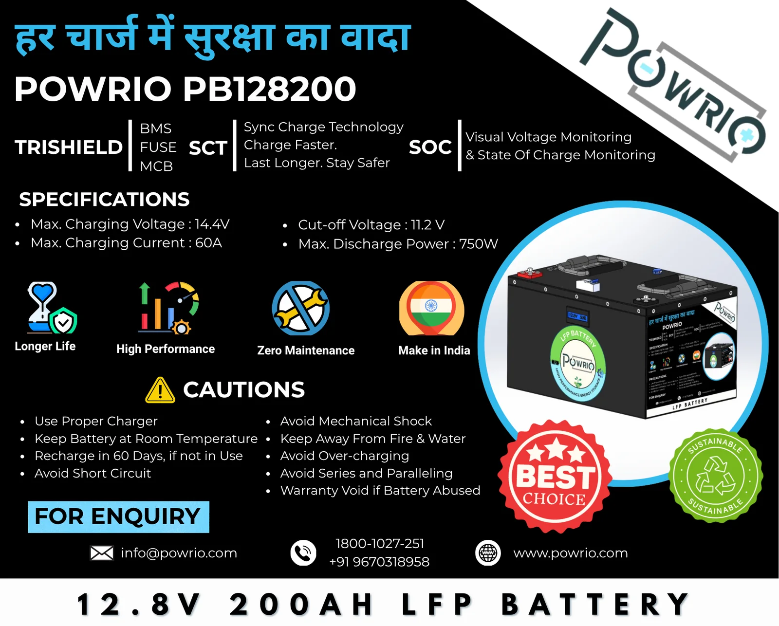 Official PB128200 battery label with specifications, features, cautions and contact details